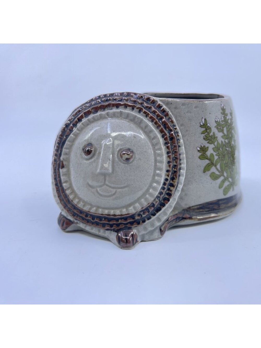 vintage ceramic lion planter with painted floral design japanese stoneware